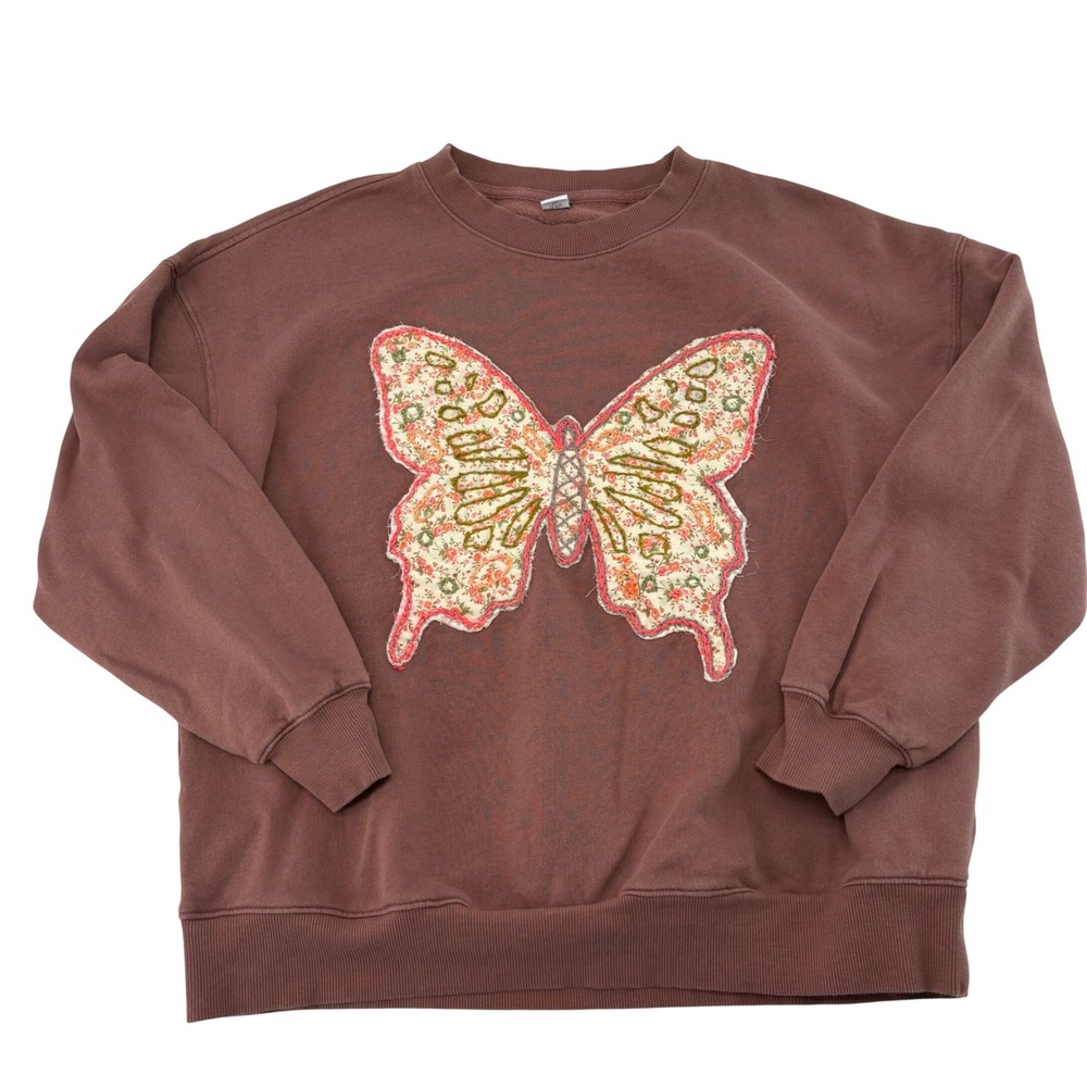 Old Navy Upcycled Butterfly Hand Stitched Floral Embroidery Sweatshirt XS Brown